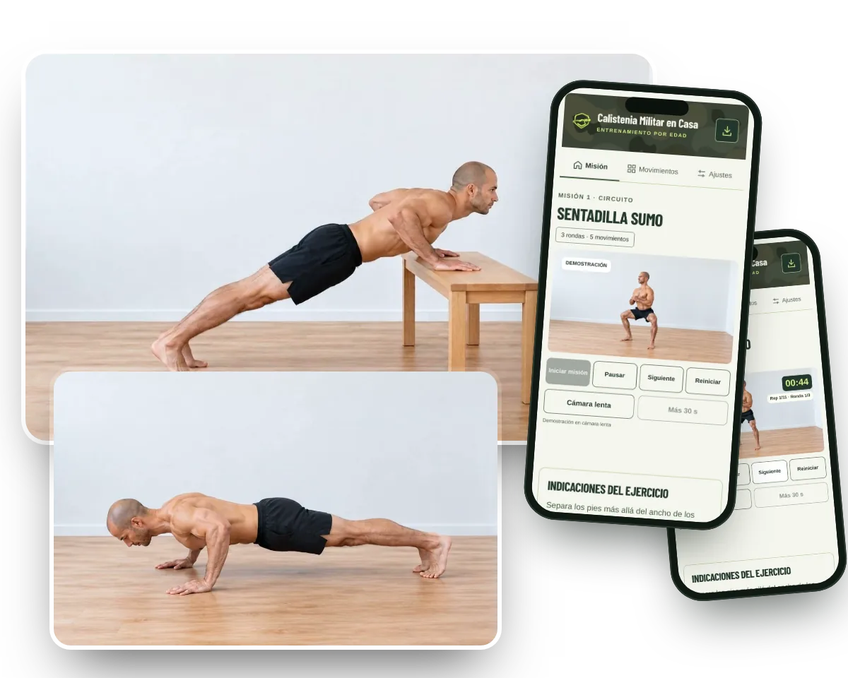 Alumno entrenando en casa con Calistenia Militar en Casa en el celular