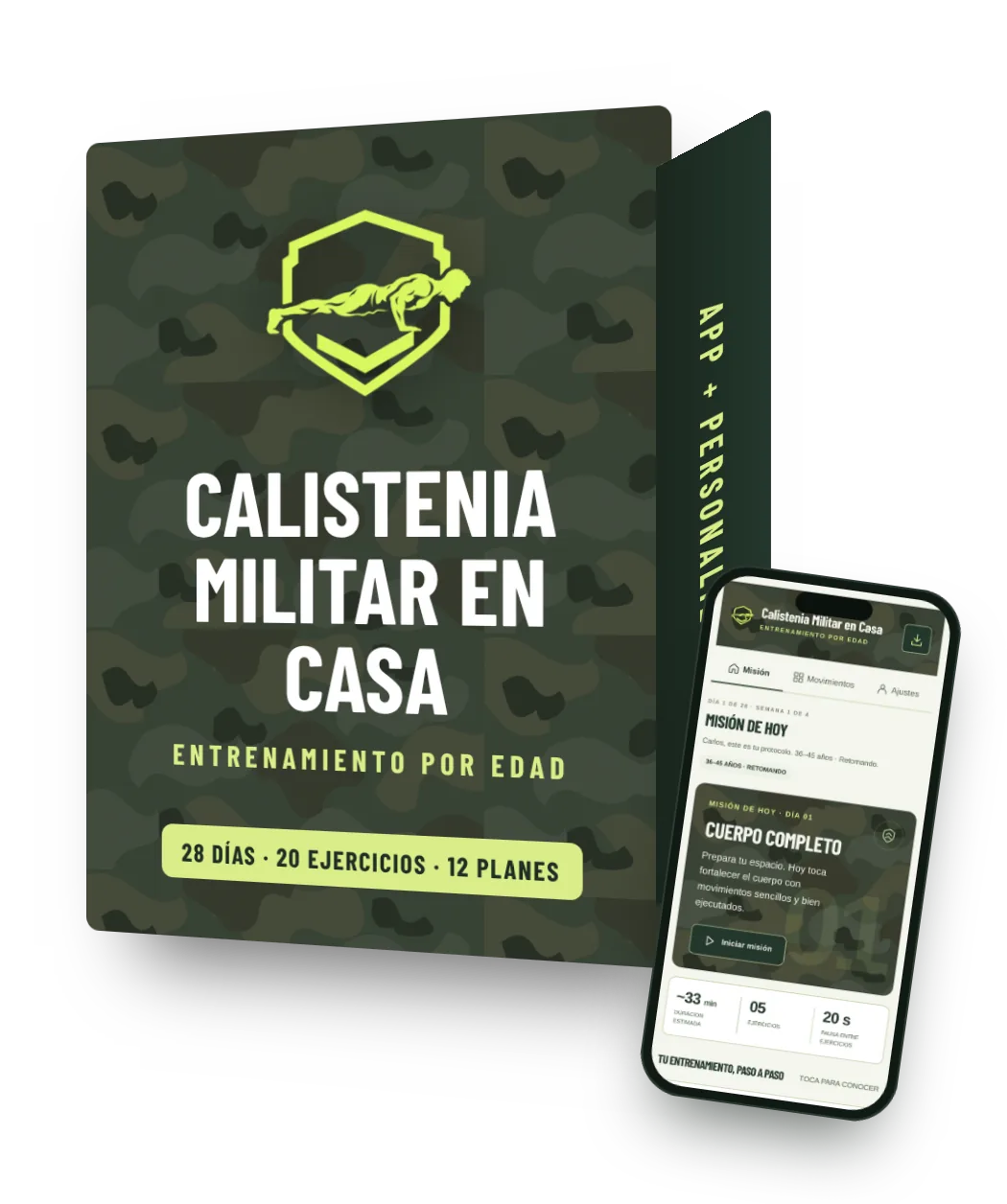 Caja del producto Calistenia Militar en Casa con la aplicación en el celular
