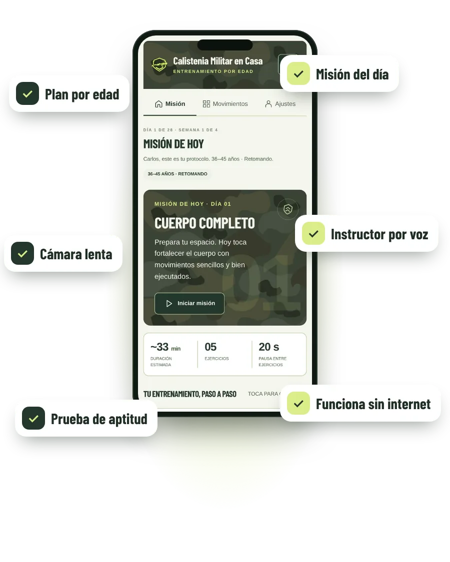 Aplicación Calistenia Militar en Casa en el celular con plan por edad, misión del día, cámara lenta, instructor por voz, prueba de aptitud y uso sin internet