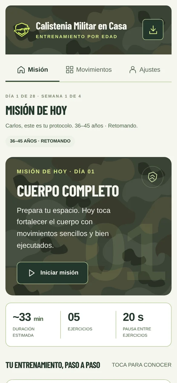 Conoce Calistenia Militar en Casa — pantalla real de la aplicación