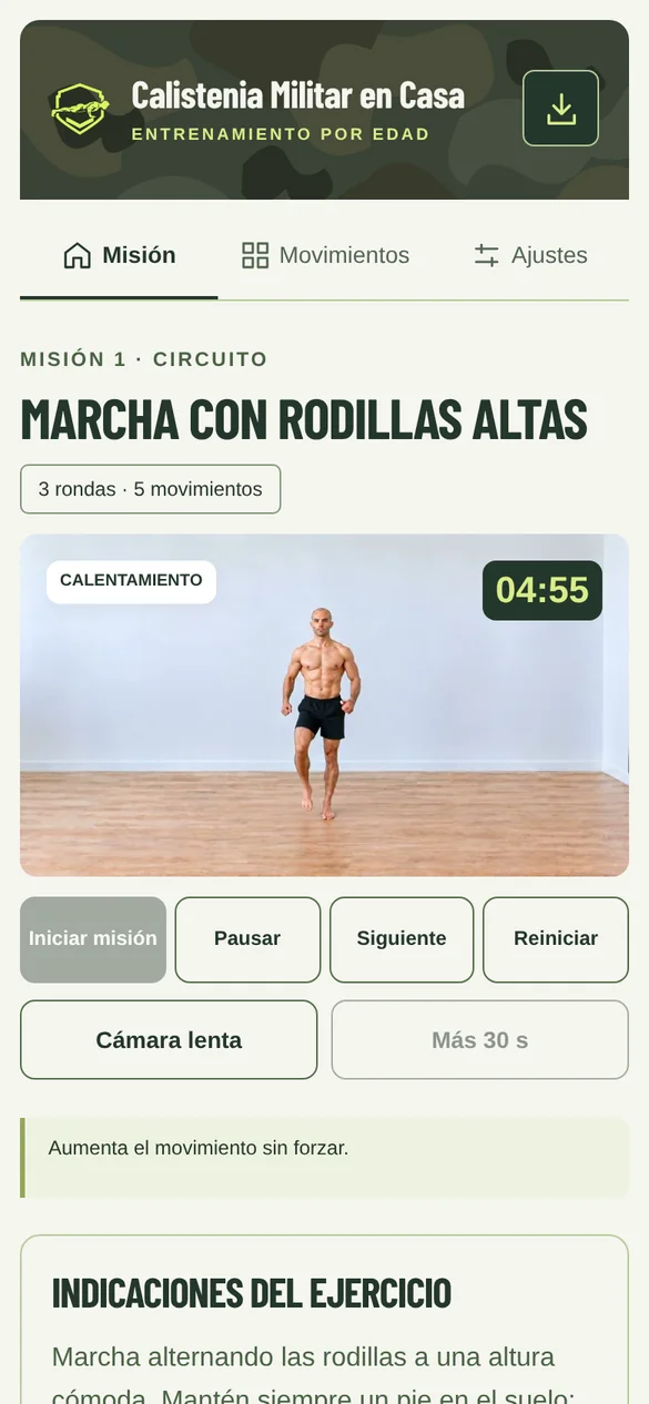 Pantalla de la aplicación: Calentamiento guiado