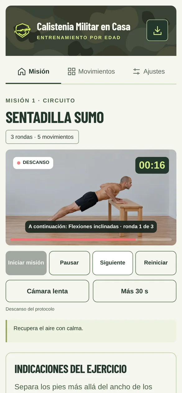Pantalla de la aplicación: Descanso y siguiente