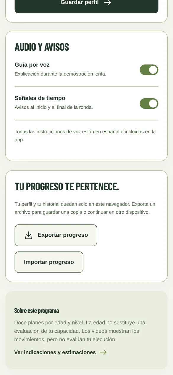 Pantalla de la aplicación: Ajustes y progreso